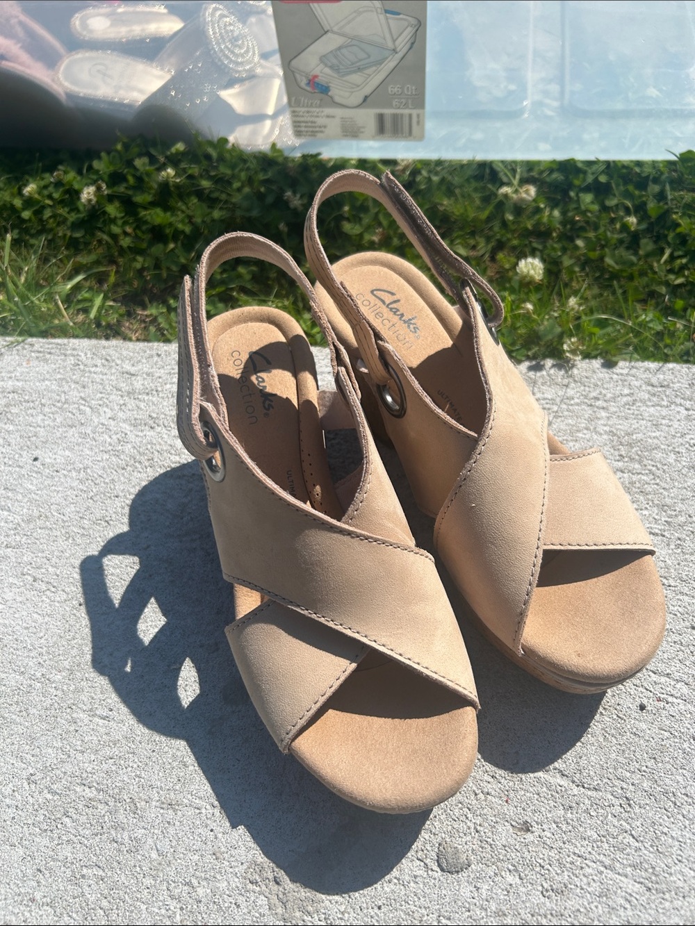 Clarks Taupe Crossover Slingback Wedge Sandals